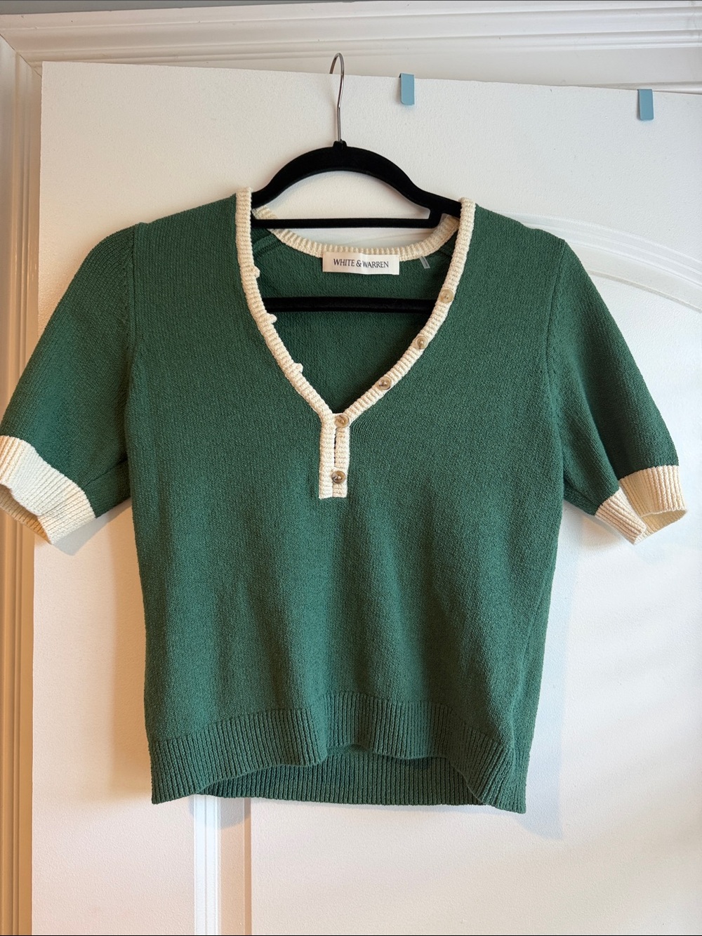 White + Warren Green Short-Sleeve Knit Polo with Cream Trim